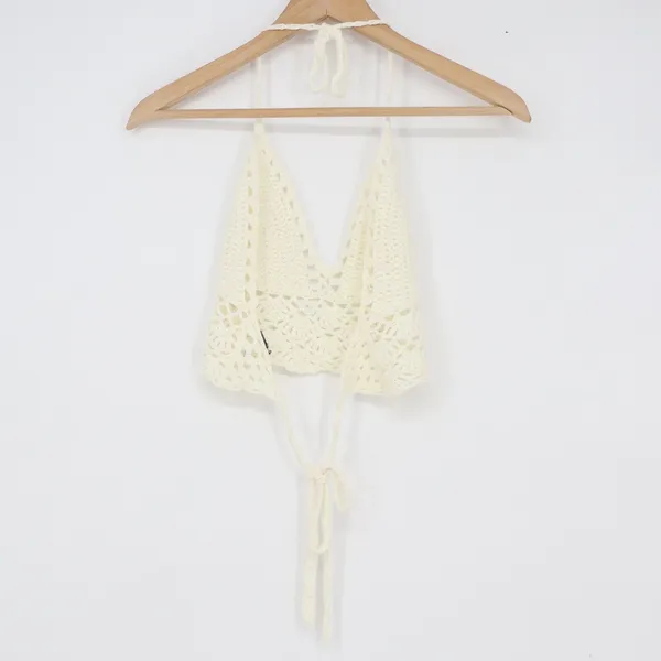 Cream Crochet Halter Top Boho Festival Bralette V-Neck Tie Back Cream Size M - Image 2