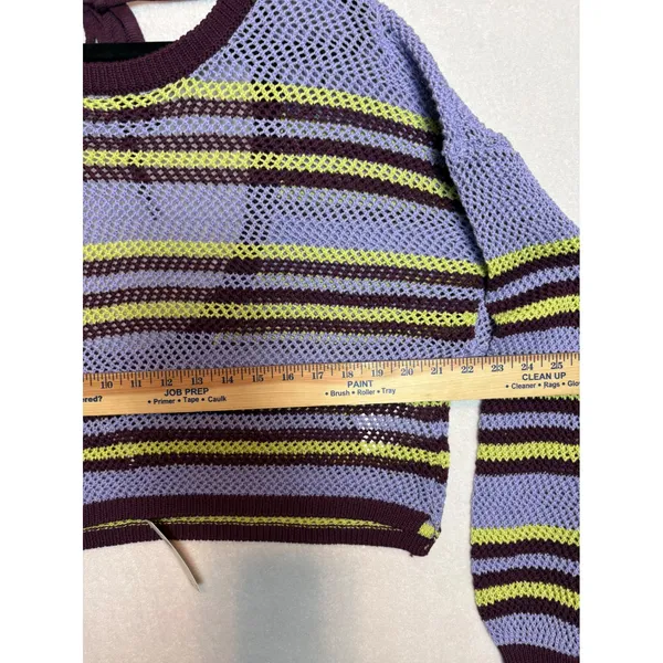 Anthropologie Striped Open Knit Cropped Sweater Open Back Tie purple L - Image 7