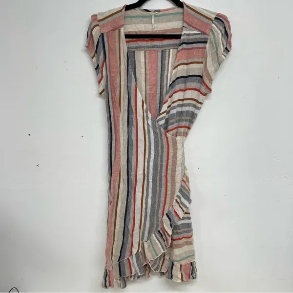 Free People Blue & Pink Vertical Striped Short Sleeve Wrap Dress Womens L Mini - Image 3