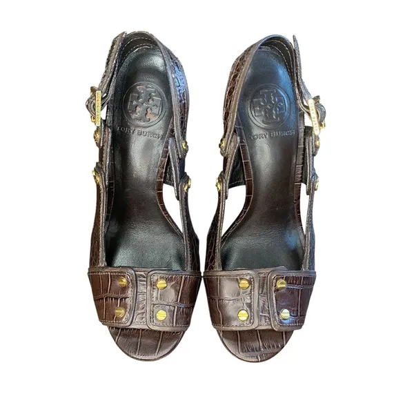 TORY BURCH Crocodile Embossed Leather High Heel Sandals Gold Hardware 7M Shoes - Image 2
