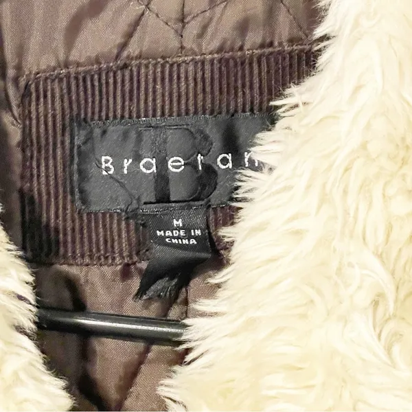 Braetan Chocolate‎ Brown Corduroy Faux Fur Lined Pea Button Front Coat Medium - Image 3
