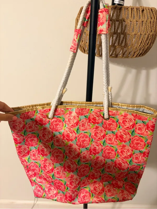 Floral Rose Rope-Handle Tote Bag - Pink - Image 4