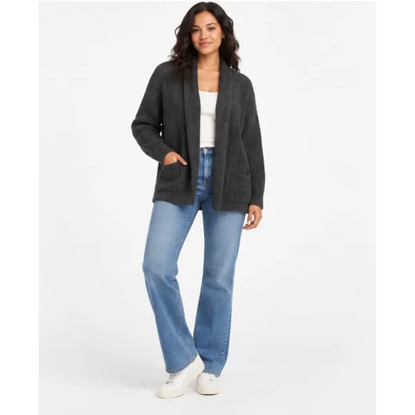Time and Tru Womens Fuzzy Cardigan Size M 8-10 Black Open Front Pocket Cozy - Image 4
