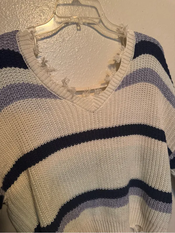Rue21 Large Distressed Striped Oversized Cropped Knit Sweater - Image 6