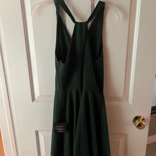 Lulus Wonder Whirl Dark Green Twist Back Skater Dress - Image 4