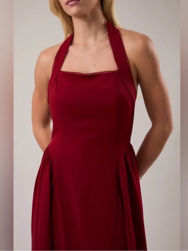 NEW Le Lis Burgundy Halter Midi Dress with Lace Trim – Small - Image 3
