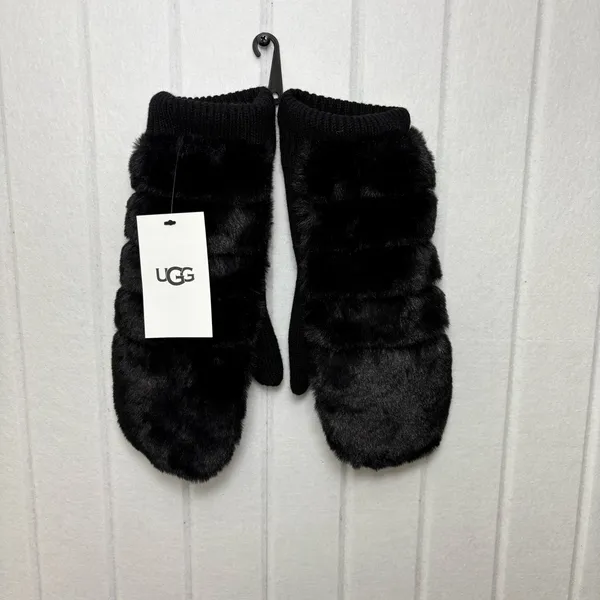 UGG Luxe BLACK‎ FAUX FUR FUZZY WOOL BLEND MITTENS WITH SHERPA LINING size L/XL - Image 7