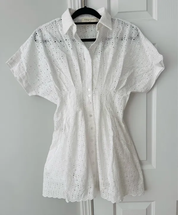 Anthropologie The Tobie Eyelet Mini Shirt Dress by Exquise, Size SP - Image 7