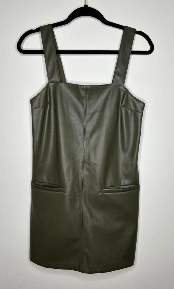 Green Faux Leather Front Pocket Mini Shift Dress Layering - Image 2