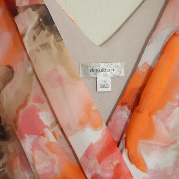 Y2K Floral Chiffon Maxi Dress Size 14 Orange Pink Watercolor Asymmetric Flowy - Image 5