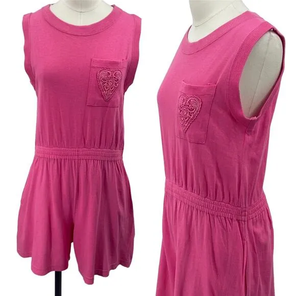 Vintage 80s Romper Embroidered Heart Pocket Sleeveless Crewneck Pink Womens M - Image 2