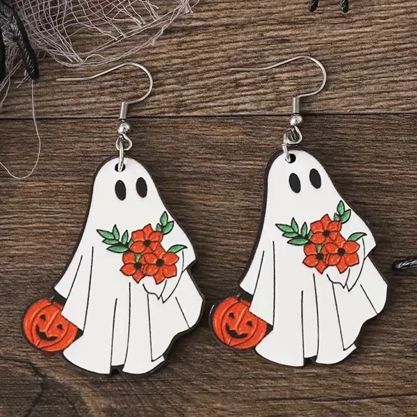 White Ghost Pumpkin Pattern Dangle Halloween Earrings‎ Wooden Jewelry - Image 9