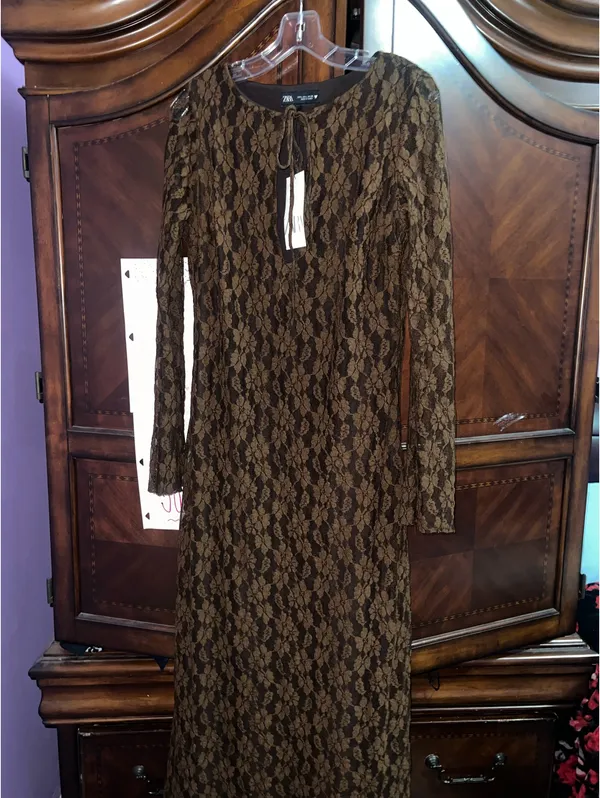 ZARA Brown Dress Long Sleeve Lace - Image 7