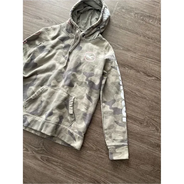 Hollister Womens Pullover Hoodie Small Gray Camo Pink Logo Sleeve Graphic Fleece - Image 4