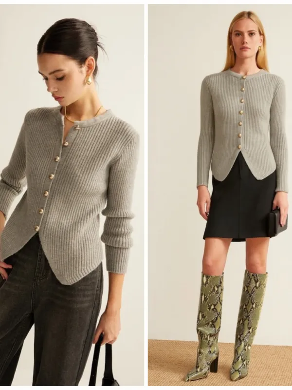 Common Sense Gray Ribbed Knit Cardigan M Gold Button Split Hem Fitted Sweater - Image 10