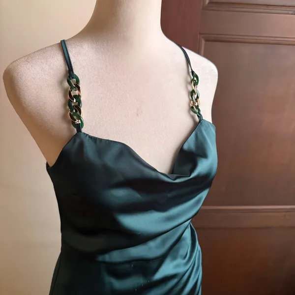 ZARA Emerald Green Satin Cowl Neck Midi Dress with Chain Detail Small - Image 2