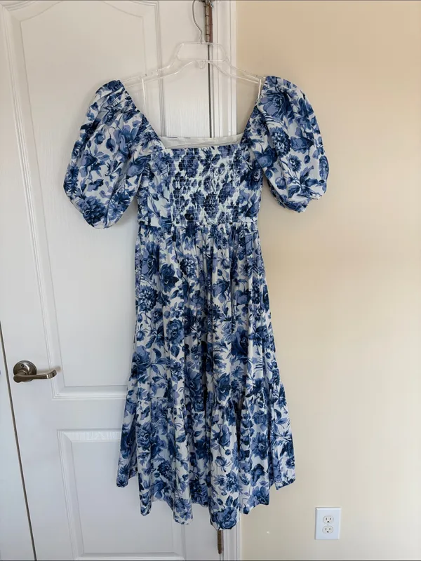 Abercrombie Emerson Poplin Puff Sleeve Midi Dress Blue Floral XS - Image 7