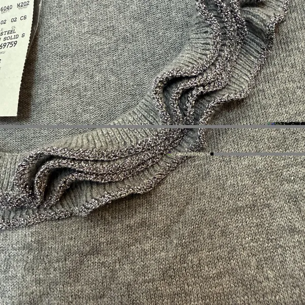 Caché NWT Ruffle Neck SS Sweater Gray Metallic Ribbed Hem‎ Silk Blend Y2K Small - Image 7