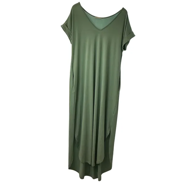 Entro Sage Green‎ V-Neck Maxi Dress Pockets Side Slit Relaxed Fit Large - Image 2