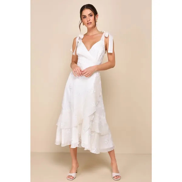 NWT Lulus Elegant Direction Ivory Embroidered Ruffled Tie-Strap Midi Dress Sz XL - Image 2
