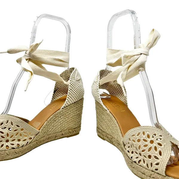 Maypol NEW Crochet Espadrille Wedge Sandals Peep Toe Ankle Wrap Cream Size 41 - Image 8