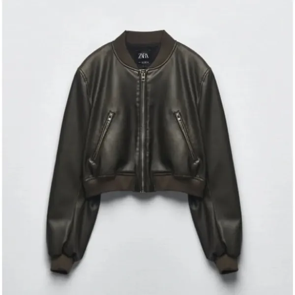 ZARA Faux Leather Cropped Bomber Jacket Brown Medium - Image 2
