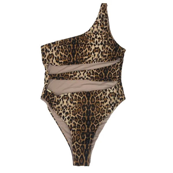 Meshki Brown Animal Leopard Print One Shoulder One Piece Bikini Swim Swimsuit M - Image 3