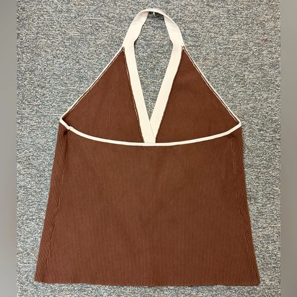 Abercrombie Ribbed Halter Top Sweater Vest | Brown & Cream Button Up Knit XL - Image 8