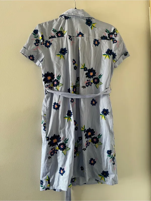 Eci Light Blue Floral Embroidered Pinstripe Shirt Button Up Mini Dress 4 Cottage - Image 7