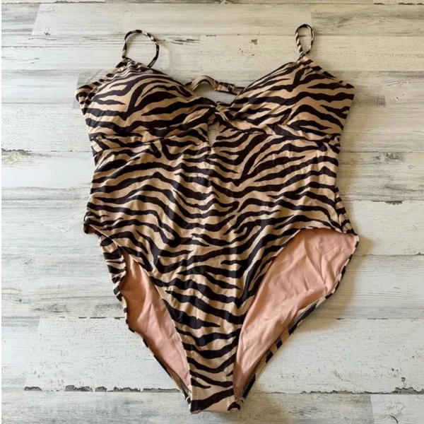 NWT J. Crew Front-twist one-piece in zebra stripe Brown‎ Tan BK543 Sz 24 - Image 2