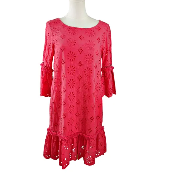 by Anthropologie Dani Coral Red Lace Eyelet Bell Sleeve Ruffle Dress Sz 0 - Image 2