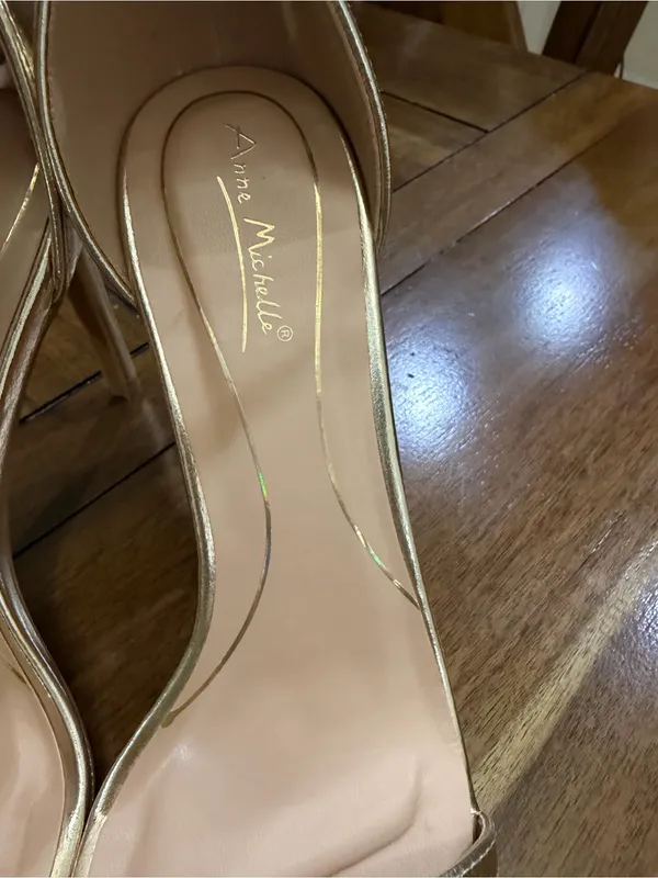 Anne Michelle Gold Metallic Pointed Toe Ankle Strap Stiletto Heels Size 7.5 - Image 5
