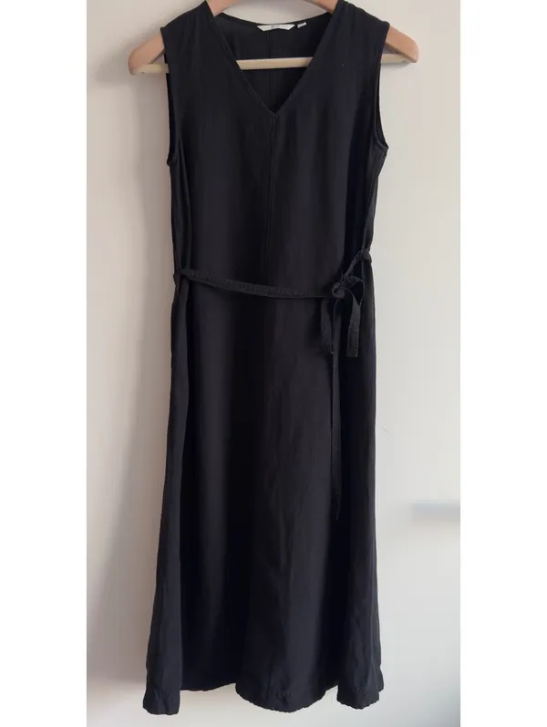 UNIQLO Linen Blend A-Line Midi Dress Black Sleeveless Tie Waist Size S - Image 2