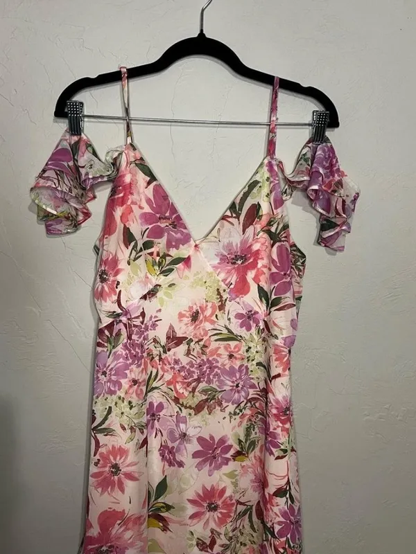 Lulus Watch Me Grow Pink Floral Cold Shoulder Hi-Low Ruffle Hem Midi Maxi Dress - Image 3