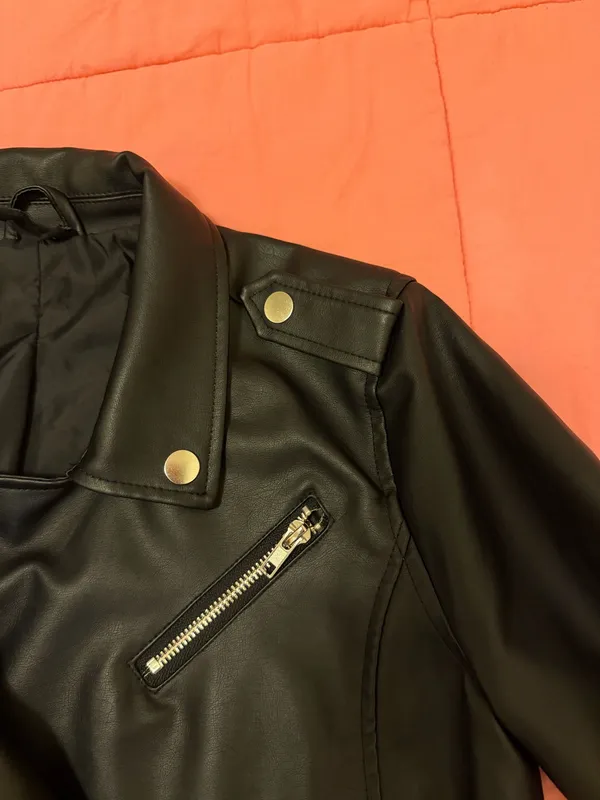 Windsor Windsor Black Faux Leather Belted Moto Jacket with Silver Hardware - Image 10