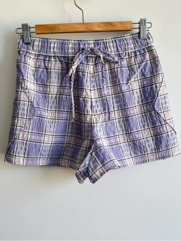 GANNI Lilac Plaid Cargo Shorts Size 34 Purple Check Drawstring Mini Shorts - Image 3