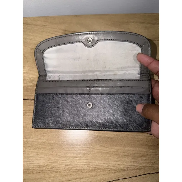 Coach Dark Gray Crossgrain Leather Continental Wallet Checkbook Snap Clutch READ - Image 4