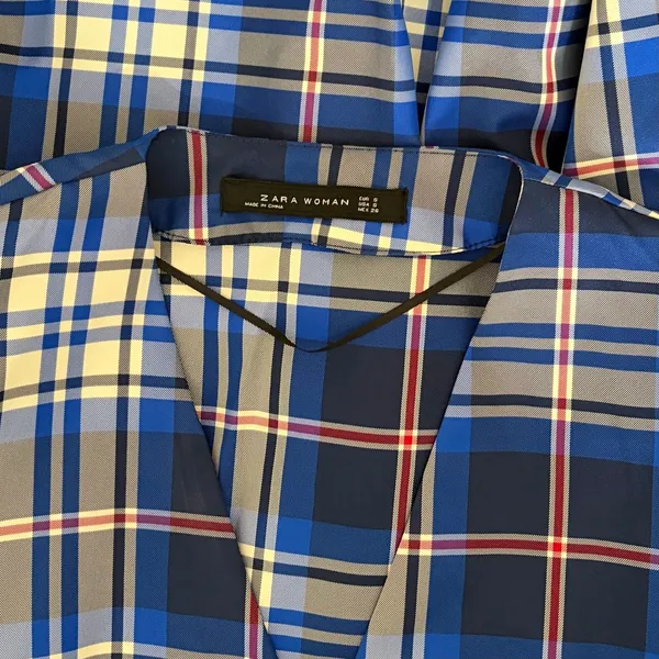 ZARA‎ Blue Plaid Taffeta Dress Belted Tie Waist Midi Buttondown Preppy Small - Image 12
