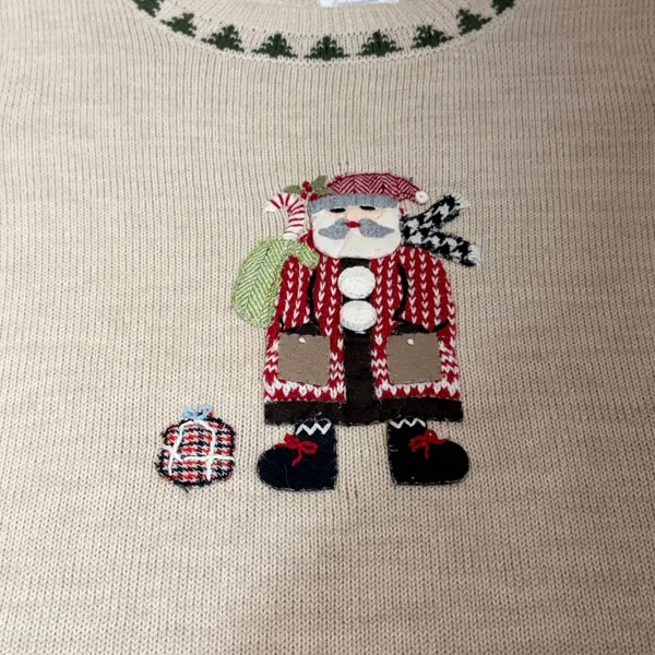 Christopher & Banks Sweater Medium Tan Santa Hand Embroidered‎ Christmas Holiday - Image 4
