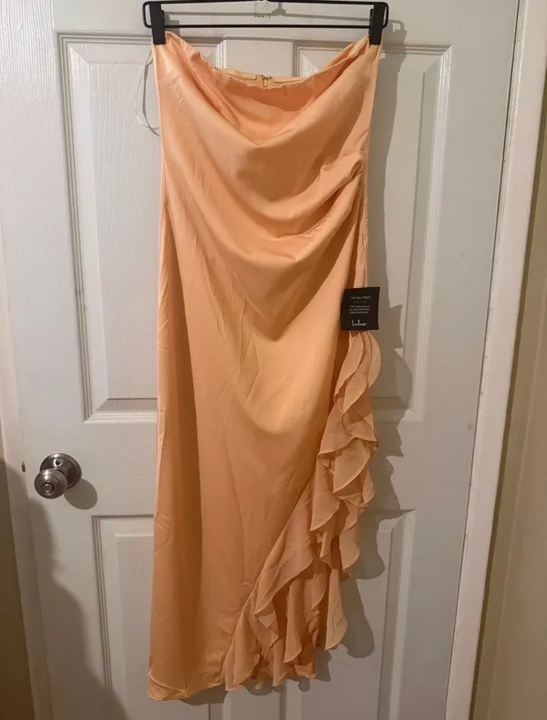 Lulus Strapless Ruffle Midi Dress in Peach - Image 5