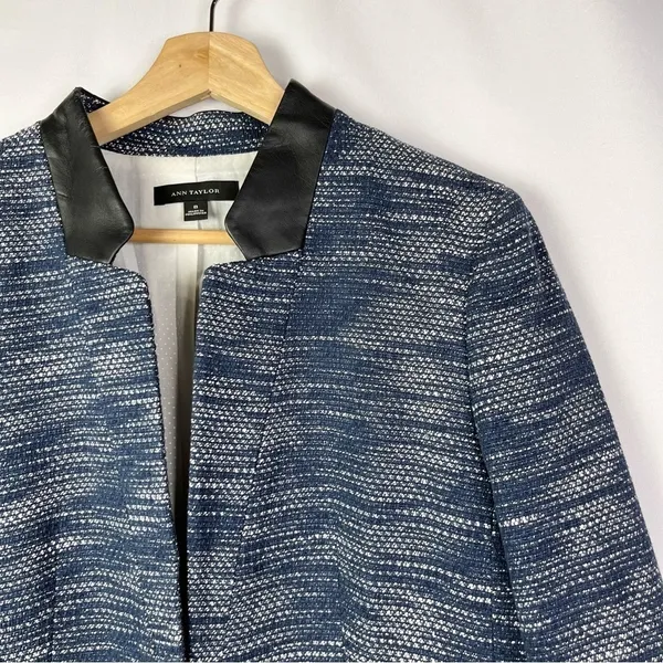 Ann‎ Taylor Navy Blue Tweed Faux Leather Blazer Jacket 8 - Image 3