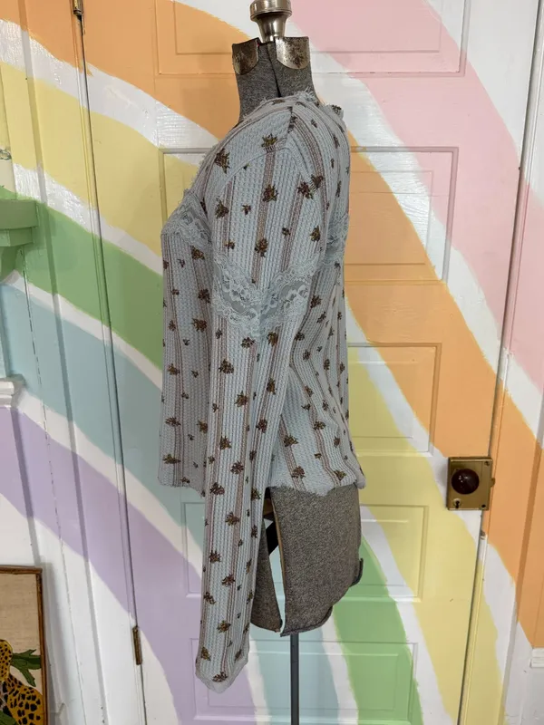 Free People Lets Party Floral Lace Trim Cotton Cardi Boho Cottagecore Sz Med 💛🍄 - Image 7