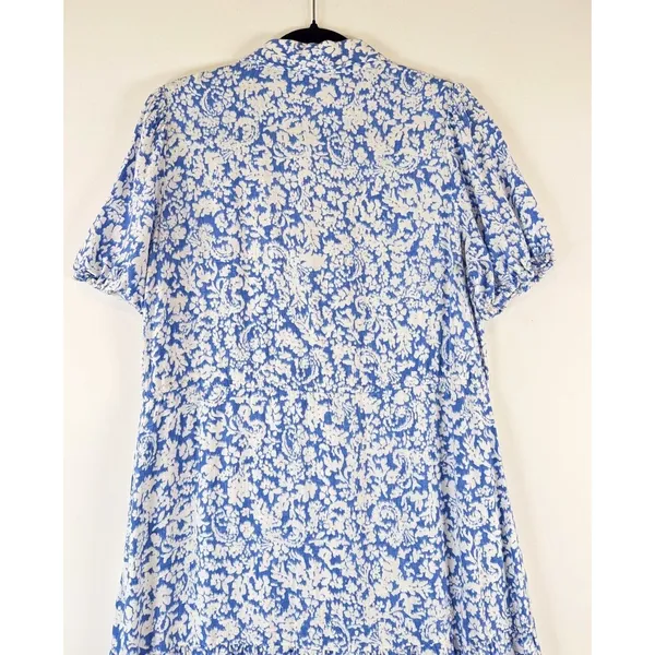 ZARA Womens Dress Blue Midi Floral Ditsy Shirtdress Linen Short Sleeve Medium - Image 9