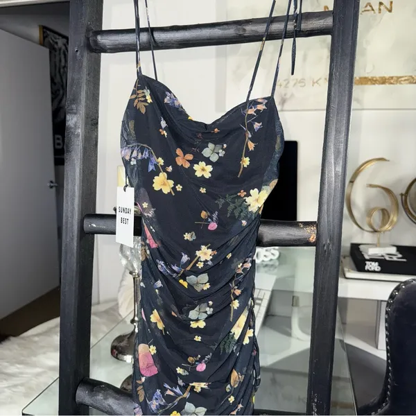Aritzia Sunday Best XXS Caruso Black Floral Mesh Midi Dress Ruched Bodycon New - Image 4