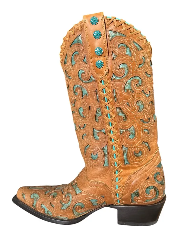 J.B. Dillon Turquoise Leather Cutout Pointed Toe boots Western Coastal Cowgirl 7 - Image 2