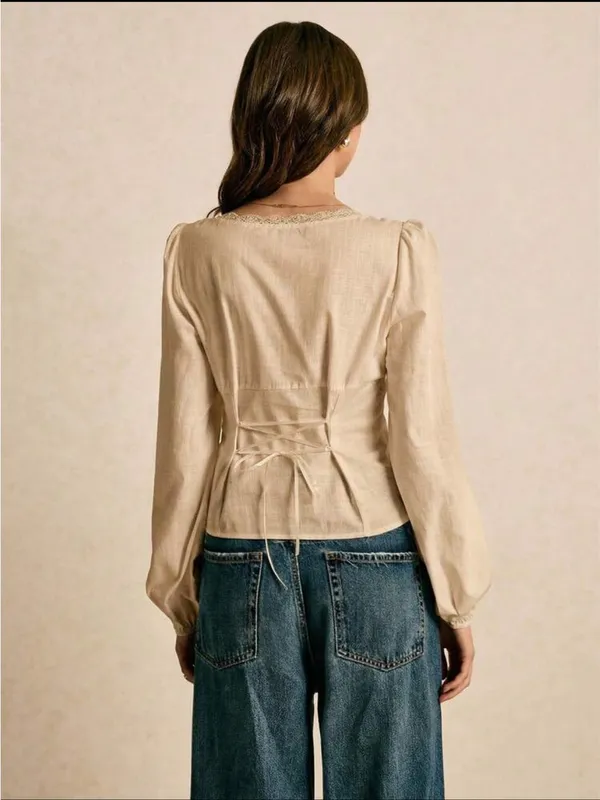 Shein Lace-Trim Cotton Khaki Blouse - Elegant Square Neck Top Large NWT - Image 2
