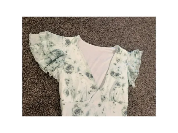 White Green Floral Maxi Dress Ruffle Sleeve Bodycon XS - Image 5