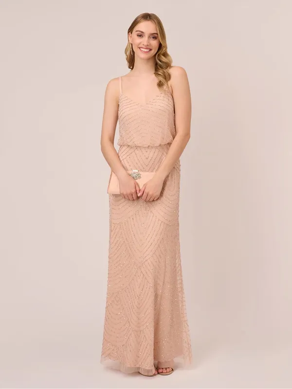 Adrianna Papell gown Art Deco Beaded Blouson maxi dress formal blush intricate - Image 11