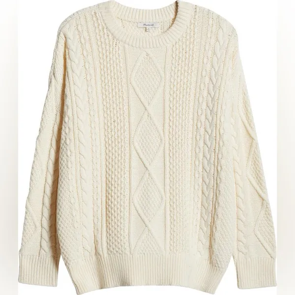 Madewell Oversized Cable Knit Sweater L Cream Ivory Fisherman Preppy Cotton - Image 2