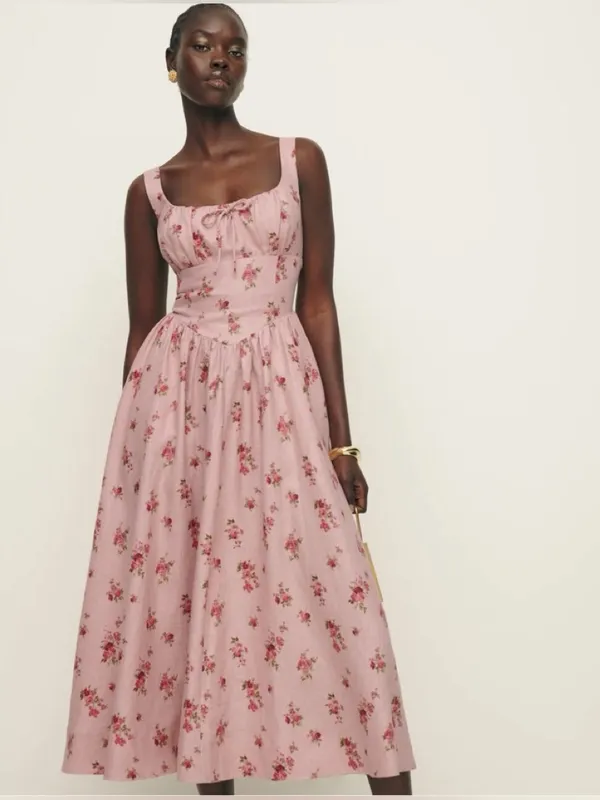 Reformation Bailia Linen Dress in Tea Time Pink - Image 2